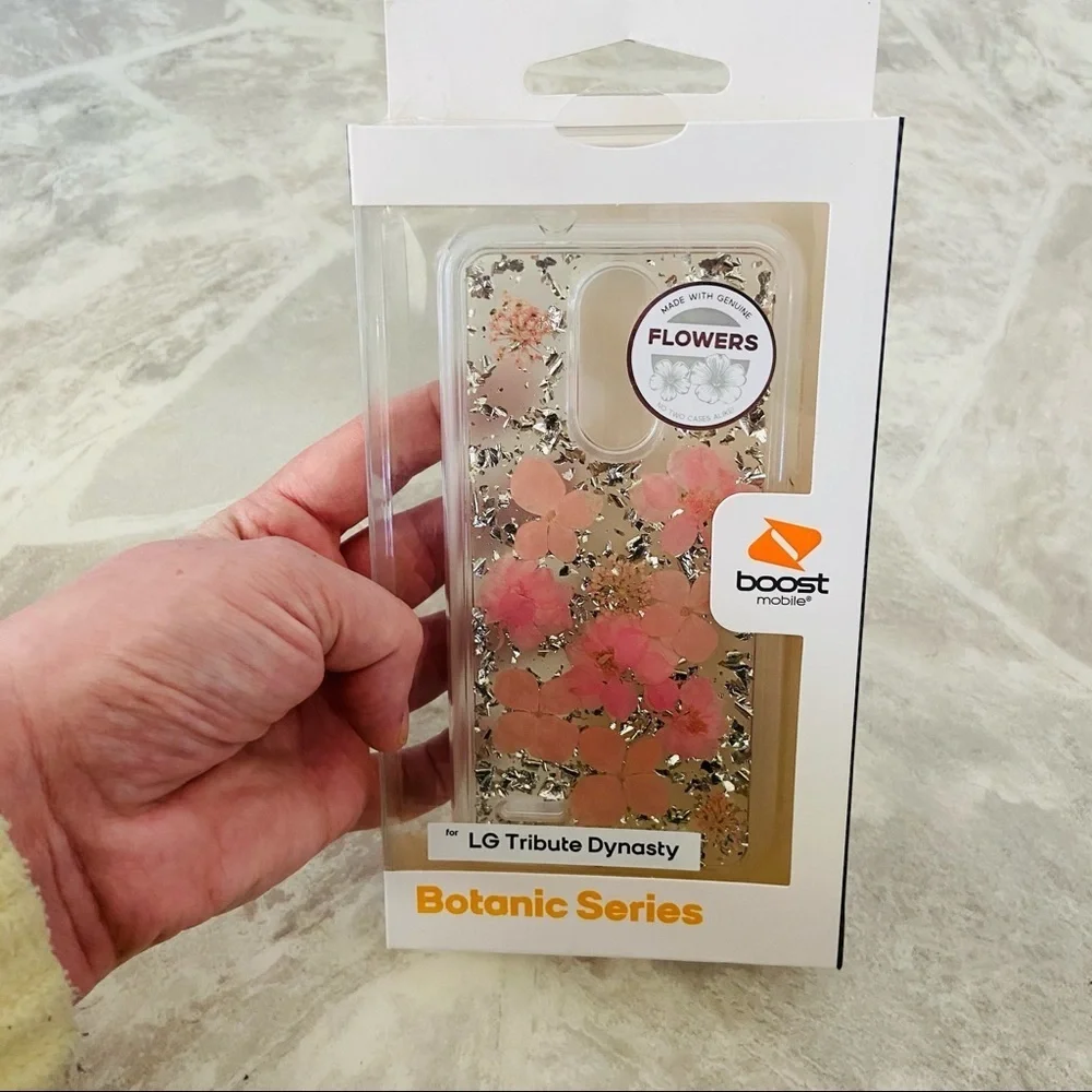LG tribute dynasty pink silver sparkly pressed flower Botanic series phone case